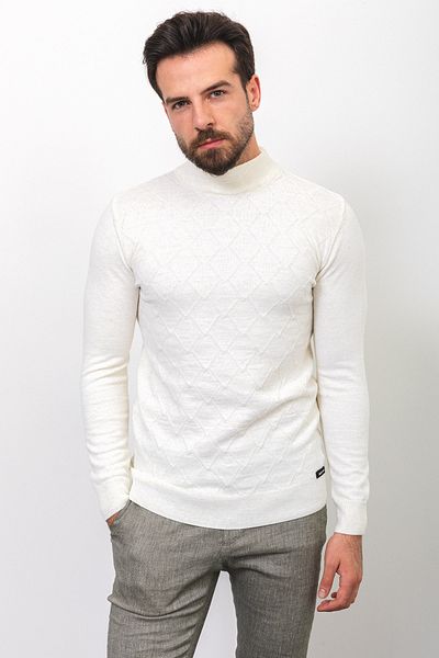Mcr Patterned Slim Fit Half Turtleneck Wool Men's Sweater Ecru - 11416.22K