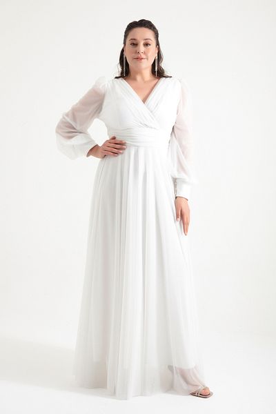 Lafaba Women's White V-Neck Glitter Long Plus Size Evening Dress
