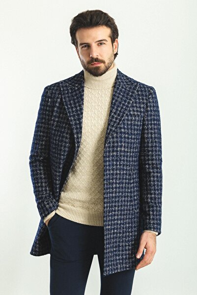 Mcr Kareli Slim Fit Geniş Yaka Yün Erkek Kaban Lacivert - 21255.22K