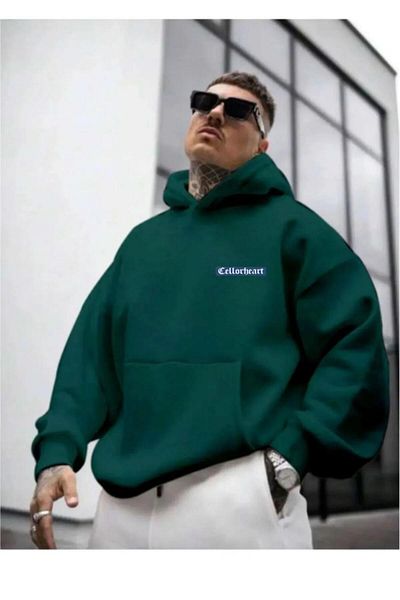 NO 601 Men's Green Hooded Cellorheart Printed Sweatshirt