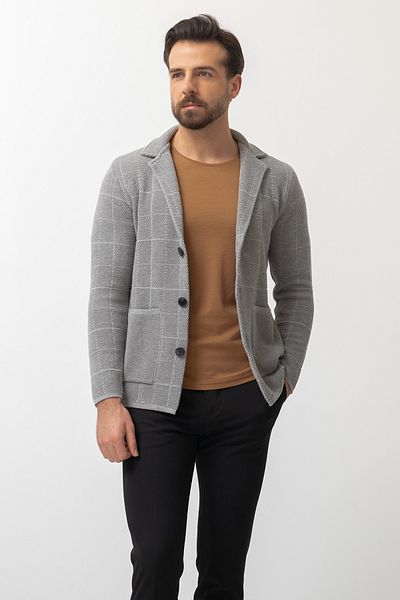 Mcr Checkered Pocket Slim Fit Men's Knitwear Jacket Light Gray - 11225.21K