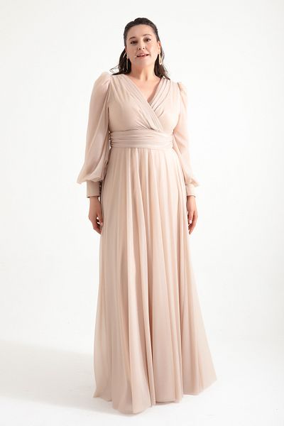 Lafaba Women's Beige V-Neck Glitter Long Plus Size Evening Dress