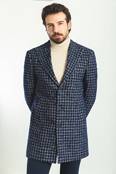 Mcr Kareli Slim Fit Geniş Yaka Yün Erkek Kaban Lacivert - 21255.22K