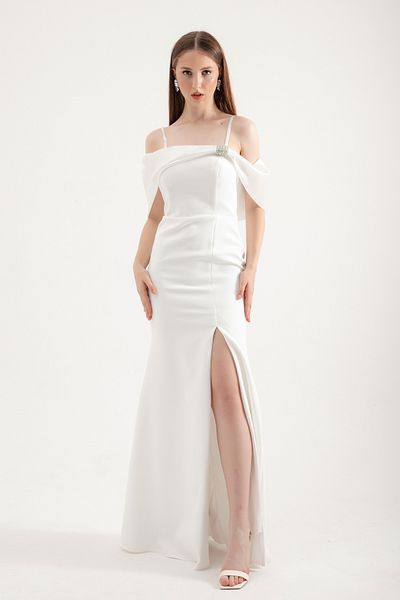 Lafaba White Jewelled Satin - Boat Neck Long Women's Evening Dress