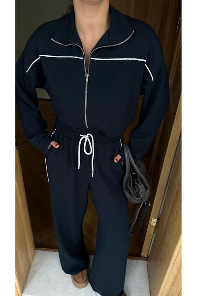 Askı Nişantaşı Marineblaues Sweatshirt-Hosenset mit Paspelierung und Reißverschluss