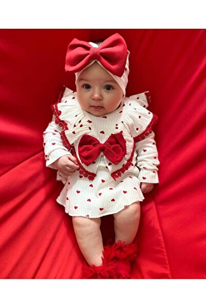 Newborn Baby Red Heart Cotton Newborn Bandana Romper Salopet Baby Girl Mevlüt Set