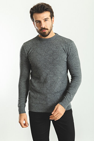 Mcr Ανδρικό πουλόβερ με λεπτή εφαρμογή με λαιμόκοψη από μαλλί ανθρακί - 11379.22K