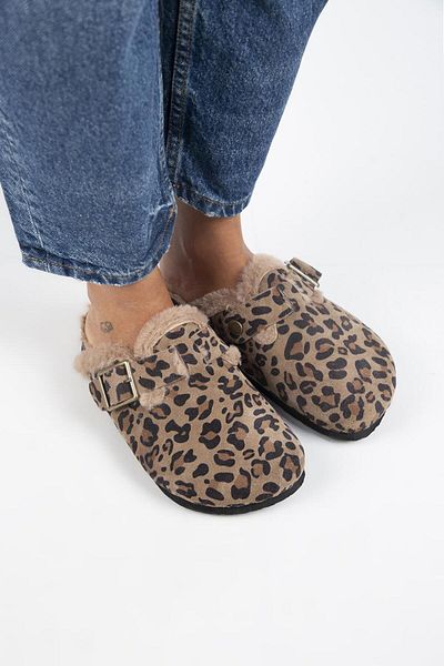 Manijero Zeta 2 Fur Leopard Pattern - Genuine Leather Belted Buckle Mink Sabo Slippers