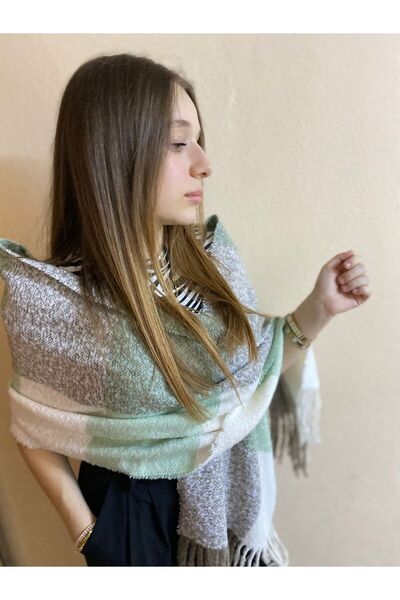 sema aksesuar Γυναικείο Φουλάρι Χειμερινό Ανοιχτό Πράσινο Κρεμ καρό σάλι - Δώρο