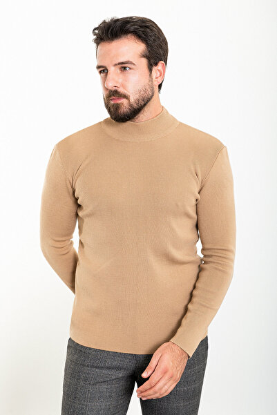 Mcr Ανδρικό πλεκτό πουλόβερ με ίσιο λεπτό μάλλινο μισό ζιβάγκο Camel - 11465.23K