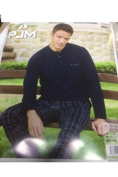 Pijaman Pijamoni Men's Long Sleeve Chest Pocket Cotton Pajama Suit Navy Blue