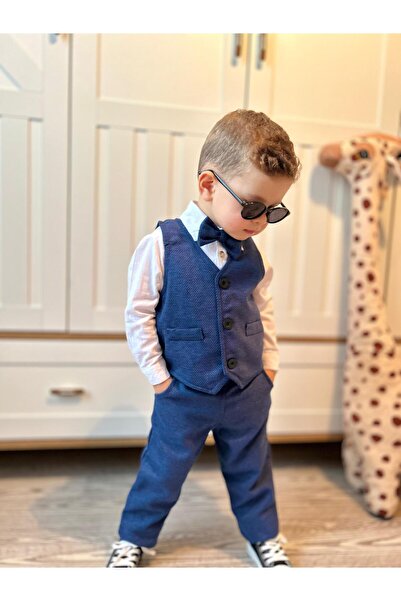 favorimkids Linen Navy Blue Vest Set 4 Pieces (Shirt Pantalon Vest Bow Tie)