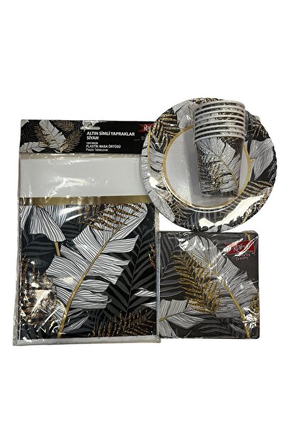 PastaLife Altın Simli Yapraklar Plastik Masa Örtüsü, Karton Bardak, Karton Ta...