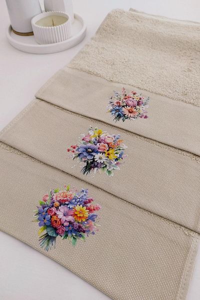 Sevim Beige Floral Printed Towel Set - 3-Piece Bamboo Hand Towels, Soft and Super Absorbent - 30X50 cm