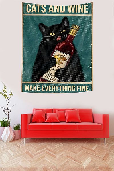 on the clouds Wine Shop Cute Cats with Cats Heal Stain Resistant Fabric Wall Cloth Wall Carpet Tapestry