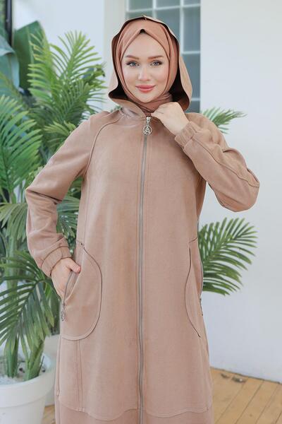 Armine ARMİNE TREND Kapüşonlu Boydan Fermuarlı Kapüşonlu Giy Çık Vizon 24KT510