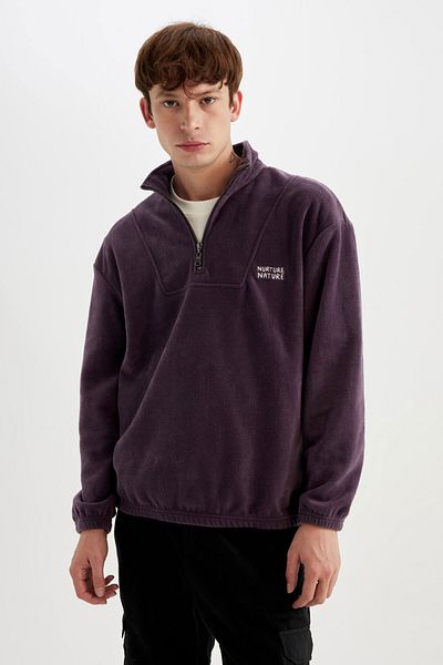DeFacto Comfort Regular Fit Comfortable Fit Stand Collar Printed Fleece Sweatshirt