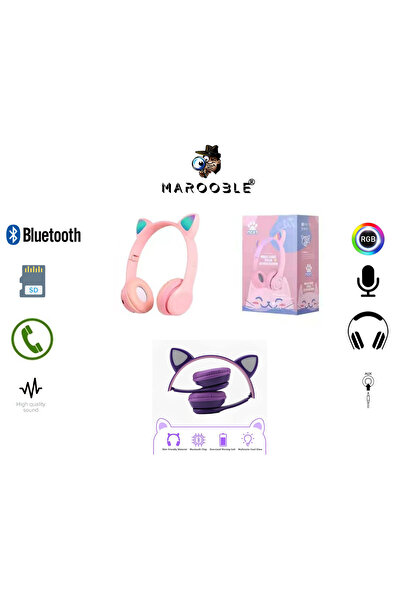 Marooble Kedi Kulaklık Rgb Çocuk Icin Kablosuz Bluetooth Kulaklık Kedi Desenl...
