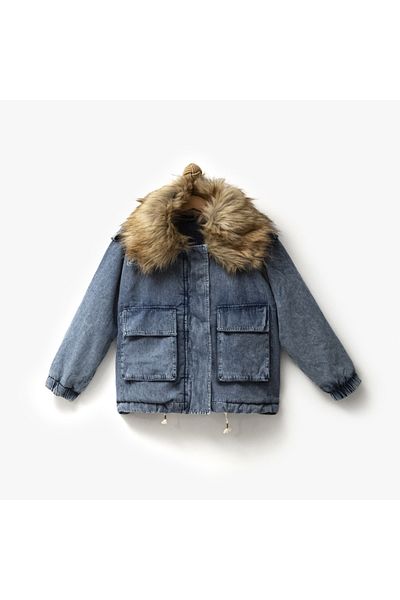 Overdo Girl's Fur Collar Plush Oversize Printed Denim Coat Jacket