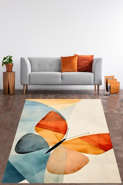 farbala Vintage Kelebekli Renk Geçişli Minimal Tarz Yıkanabilir Kaymaz Taban Leke Tutmaz Salon Halısı Yoluk