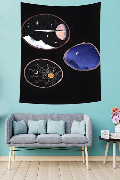 on the clouds Galaxy Moon Sun Night View Stain Resistant Fabric Wall Cover Wall Carpet Tapestry