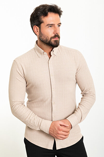 Mcr Ριγέ Slim Fit Ανδρικό Πουκάμισο Μπεζ - 37838.23K