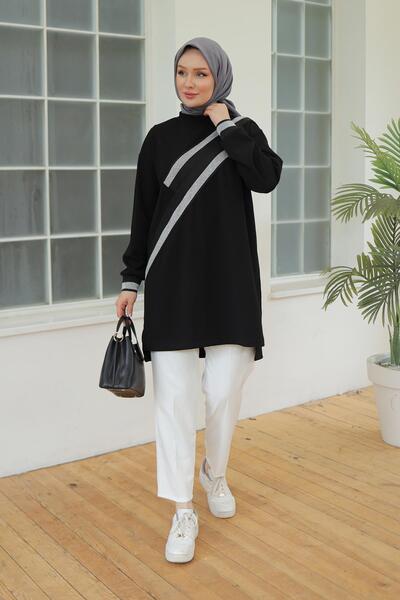 Armine TREND Kolları Ribanalı Sim Detaylı Tunik Siyah 24KT418