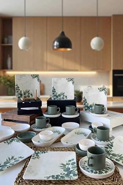 Keramika Yeşil Çiçek Desenli Kare Kahvaltı Takımı 6 Kişilik 29 Parça