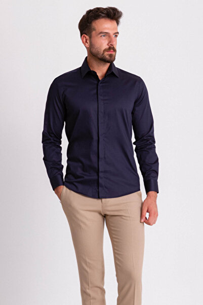 Mcr Cămașă clasică pentru bărbați, uni, culoare bleumarin, slim fit, guler poliester