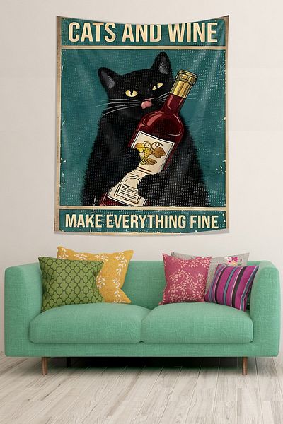 on the clouds Wine Shop Cute Cats with Cats Heal Stain Resistant Fabric Wall Cloth Wall Carpet Tapestry
