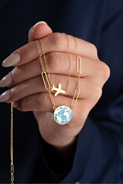 Silvano Jewelry 925 Ayar Gümüş Gold Dünya Kolye