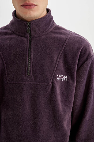 DeFacto Comfort Regular Fit Comfortable Fit Stand Collar Printed Fleece Sweatshirt