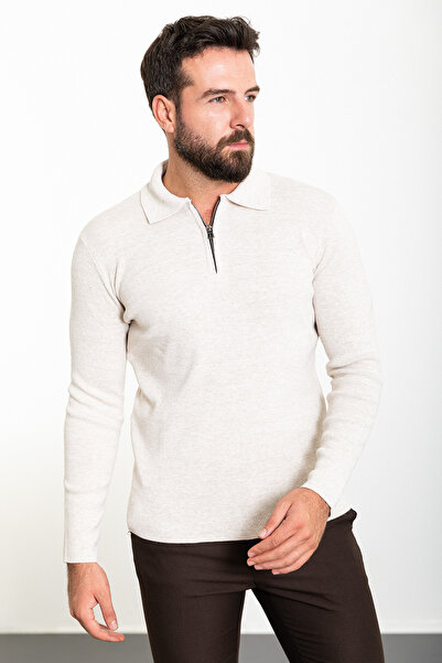 Mcr Прямий Slim Fit на блискавці з поло-коміром чоловічий трикотажний светр бежевий - 11464.23K