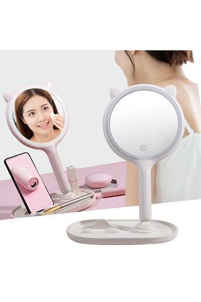 Kuzgun Online Shop Buffer ®   Round Touch Led Adjustable Table Top Makeup Mirror with Cat Ear Phone Stand