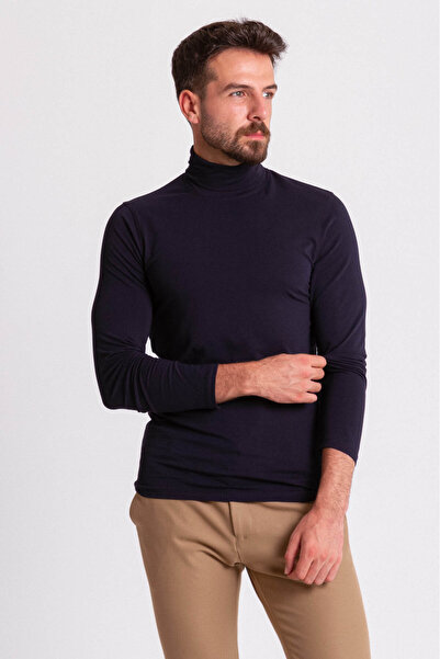 Mcr Plain Slim Fit Long Sleeve Full Turtleneck Men's Combed Cotton Navy Blue - 36678.21K