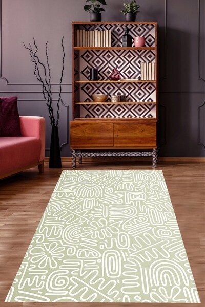 on the clouds İskandinav Bohem Figürlü Yapraklı Çizgili Yıkanabilir Kaymaz Ta...