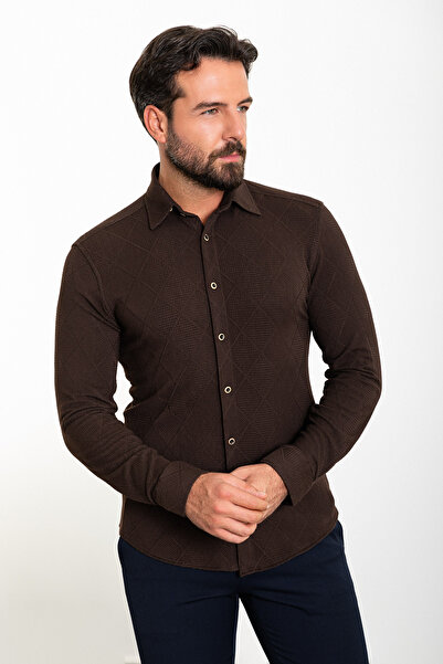 Mcr Ανδρικό πουκάμισο με σχέδια Slim Fit καφέ - 37839.23K