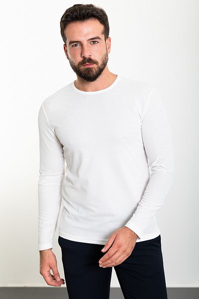 Mcr Plain Slim Fit Crew Neck Long Sleeve Men's T-Shirt Ecru - 36801.23K
