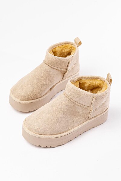 Aymood Ndr-2850 Beige Suede Fur Lined Winter Closed Toe Women's Casual Slippers