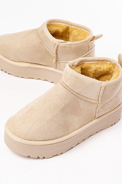 Aymood Ndr-2850 Beige Suede Fur Lined Winter Closed Toe Women's Casual Slippers