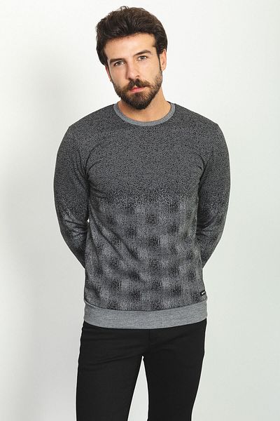Mcr Piece Patterned Slim Fit Crew Neck Long Sleeve Men's T-Shirt Black-Ecru - 36751.22K