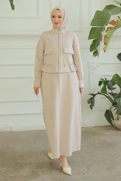 Armine ARMINE TREND Costum din două piese cu fermoar și mâneci și fustă elastică Bej 24KT607