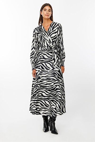 Moda İlgi Modailgi  Volanlı Uzun Zebra Desen Elbise Kemik