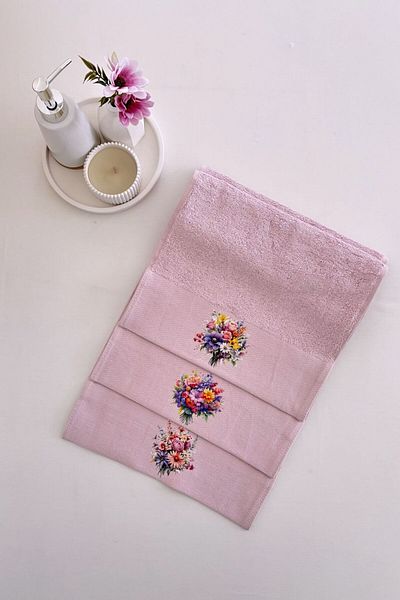 Sevim 3-Piece Bamboo Towel Set - Floral Printed, Pink, Extra Soft and 30X50 cm