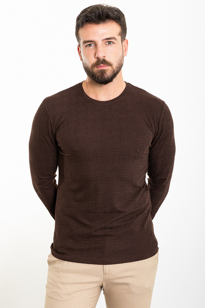 Mcr Ανδρικό μακρυμάνικο μπλουζάκι με λεπτή εφαρμογή με λαιμόκοψη σε καφέ χρώμα - 36803.23K