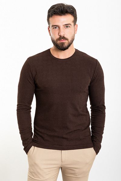 Mcr Patterned Slim Fit Crew Neck Long Sleeve Men's T-Shirt Brown - 36803.23K