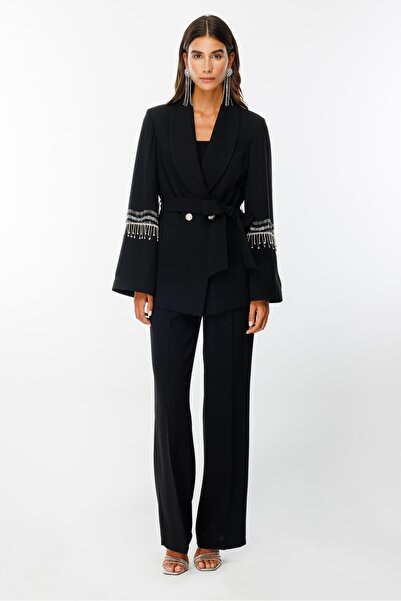 Moda İlgi Modailgi  Geniş Kollu Şerit Taşlı Ceket Siyah