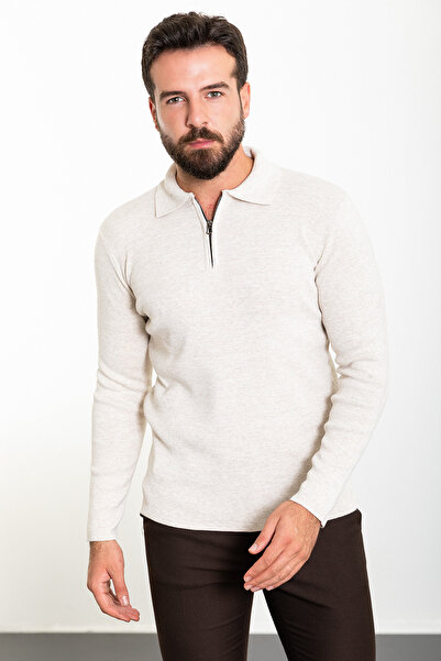 Mcr Прямий Slim Fit на блискавці з поло-коміром чоловічий трикотажний светр бежевий - 11464.23K