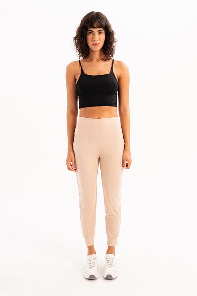 JUSTEVER Beat - Pantaloni de sport Jogger de damă bej cu talie înaltă și buzunare