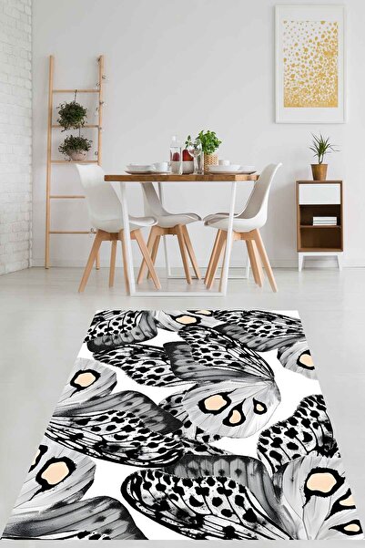 farbala Mavi Leopar Kanatlı Kelebek Vintage Yıkanabilir Kaymaz Taban Leke Tutmaz Salon Halısı Yoluk